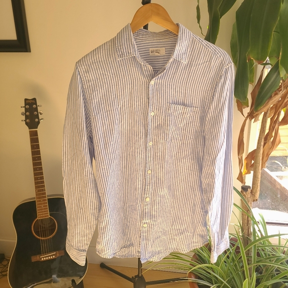 Gap Linen button up long sleeve shirt white blue stripes size medium - Picture 1 of 4